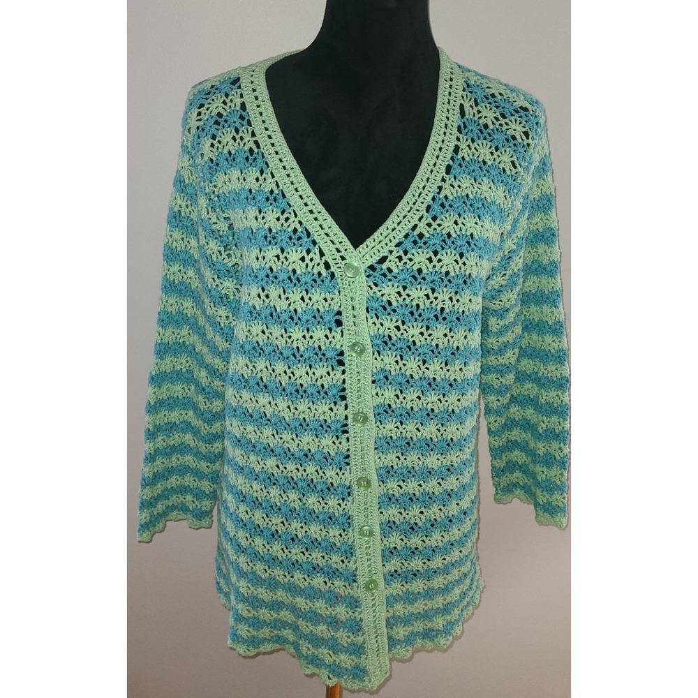 Liz Claiborne Cardigan Sweater Womens XL Blue Green Crochet Button Front Coastal